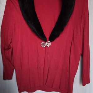 Apt. 9 Red Cardigan with Black Faux Fur Trim